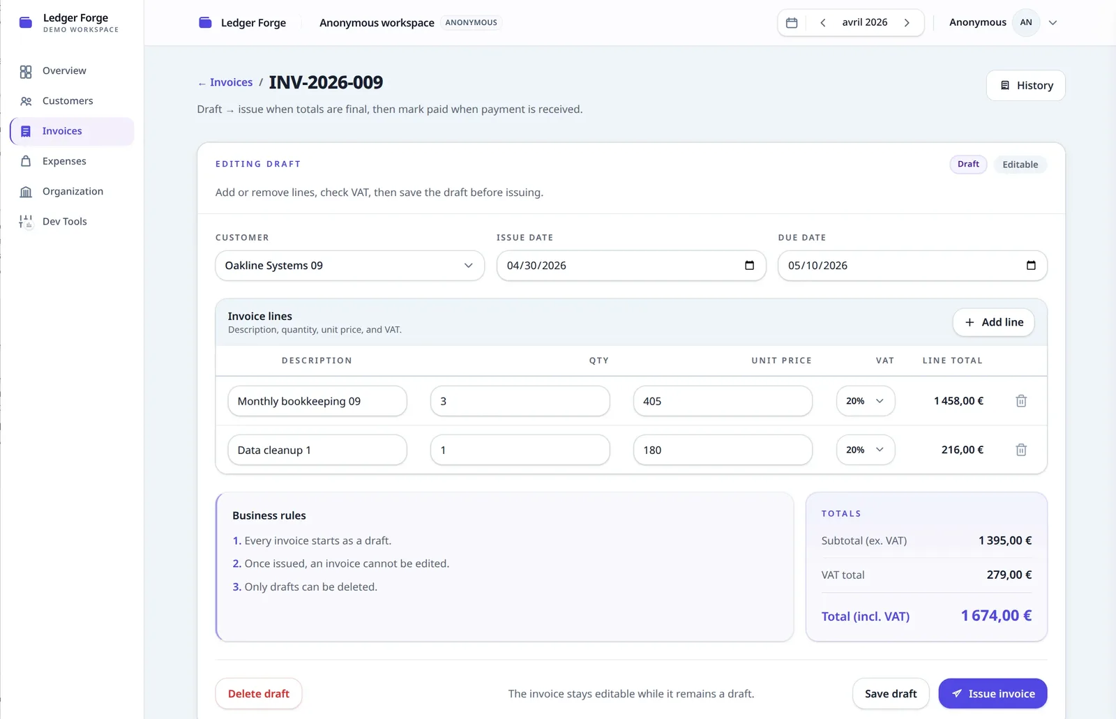 Ledger Forge invoice draft editor with line items and server-calculated totals